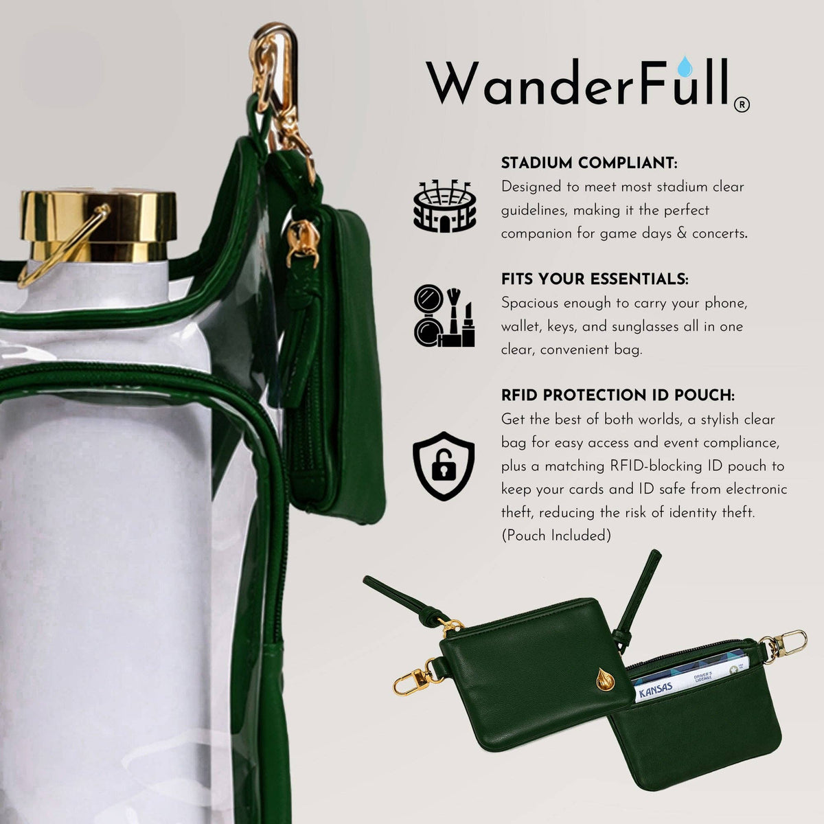 WanderFull Clear HydroBag® Stadium with Augusta Golf Green Trim and Matching RFID Pouch