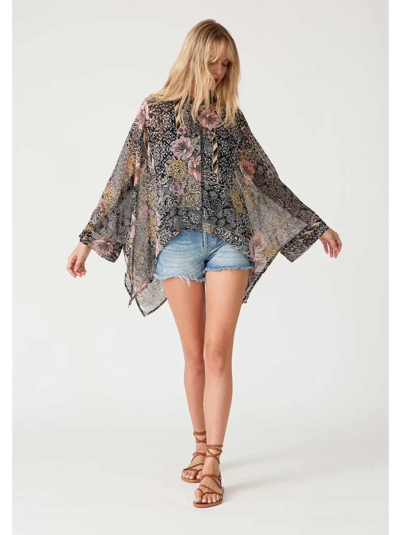 Lovestitch Sheer Floral Asymmetrical Button Front Blouse Top