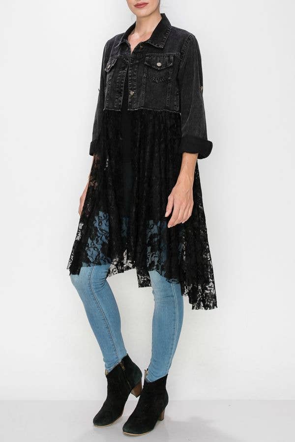 Origami Apparel Cropped Denim Jacket Duster with Lace