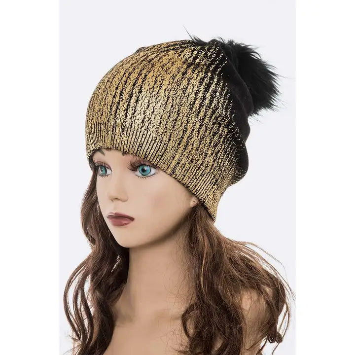 Artini Metallic Cashmere Fur Pom Beanie Hat