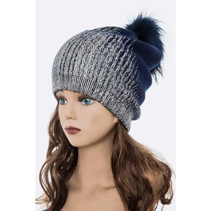 Artini Metallic Cashmere Fur Pom Beanie Hat