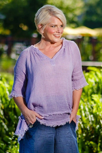 TINA Stephens Italy/Tees By Tina Zariah Crinkle Linen Raw Edge Top