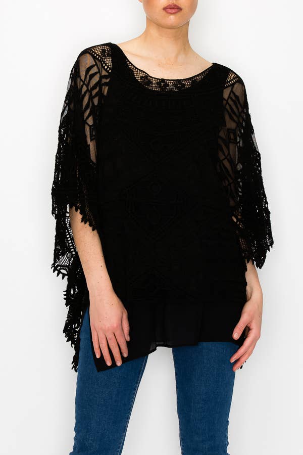 Origami Apparel Ornate Crochet Poncho Top With Geometric Embroidered Details