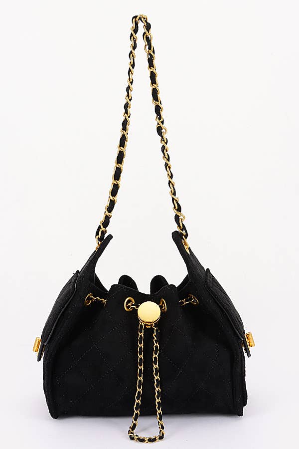 Quilted Suede Chain Drawstring Shoulder Bag