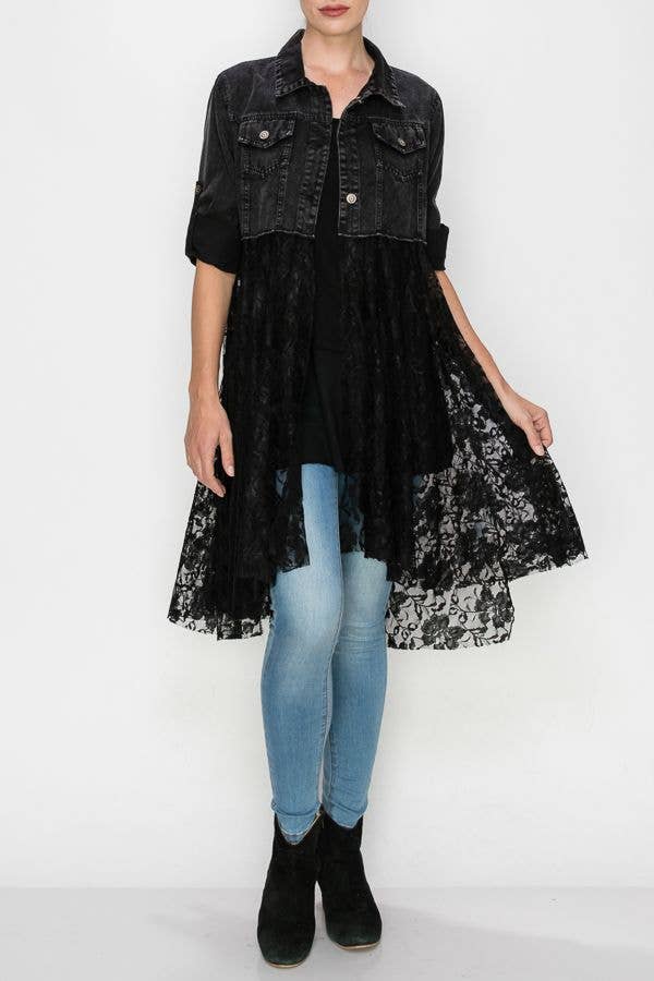 Origami Apparel Cropped Denim Jacket Duster with Lace