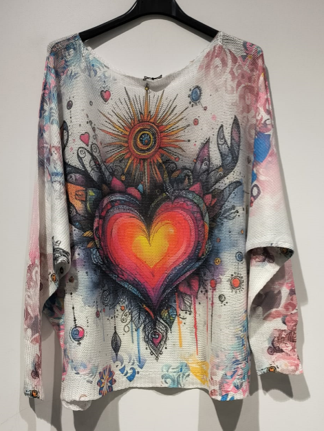 LOOWIE POHR Red Heart Round Neck Knit Printed Sweater