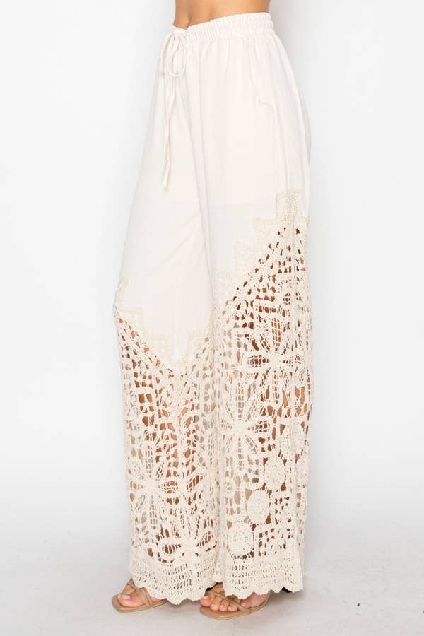 Origami Black Crochet-Detail Lined Drawstring Pants