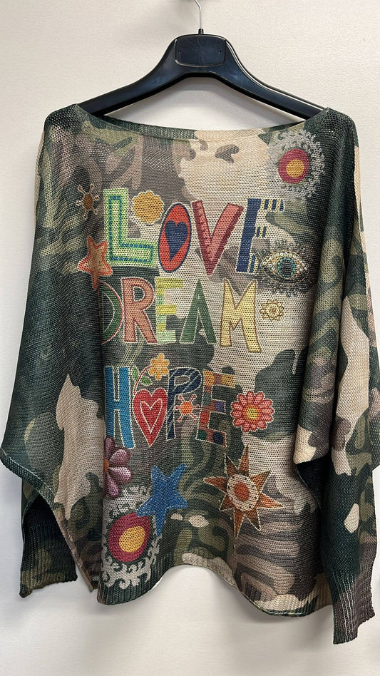 Loowie Love Camo Round Neck Knit Printed Sweater O/S