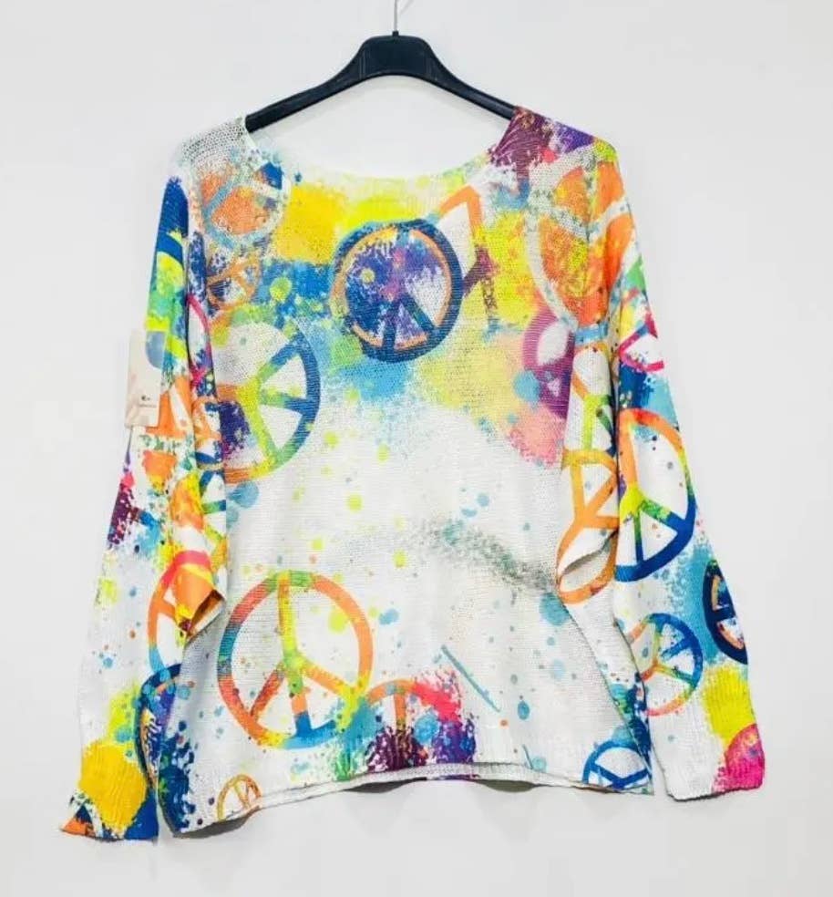 LOOWIE White Peace & Love Knit Printed Sweater