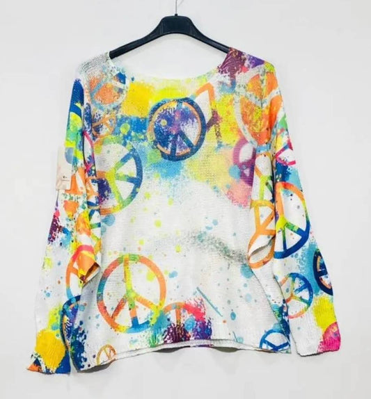 LOOWIE White Peace & Love Knit Printed Sweater