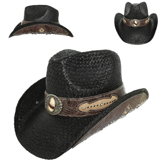 Sophia Collection Western Rhinestone Embellished Straw Cowboy Hat