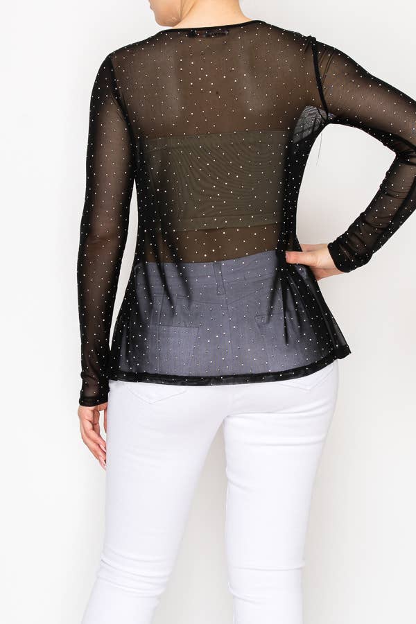 Origami Apparel Sparkly Long Sleeve Sheer Mesh Top