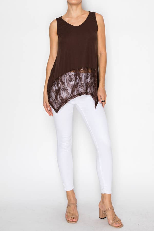 Origami Soft Relaxed Tank With Delicate Sparkly Lace Hem