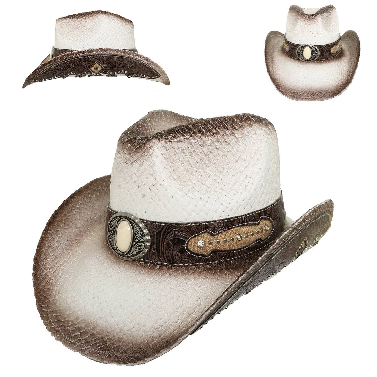Sophia Collection Western Rhinestone Embellished Straw Cowboy Hat