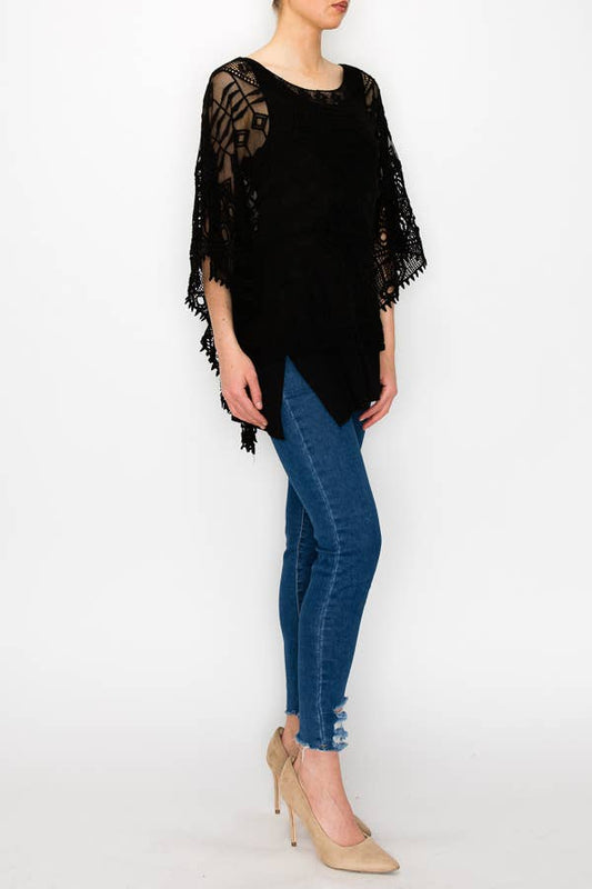 Origami Apparel Ornate Crochet Poncho Top With Geometric Embroidered Details
