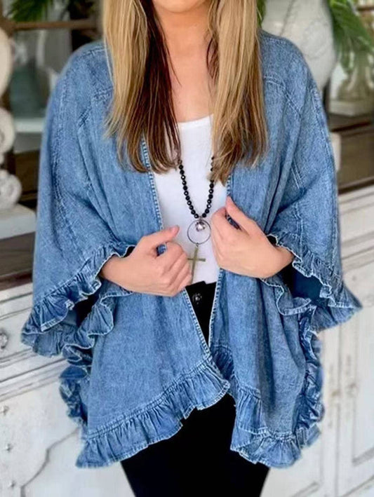 Miss Sparkling Ruffle trim denim cardigan