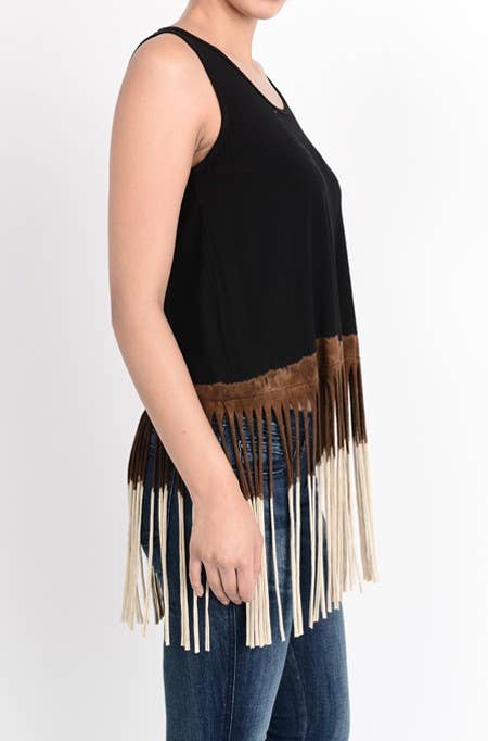 T-Party Tri Color Dip Dye Fringe Sleeveless Top