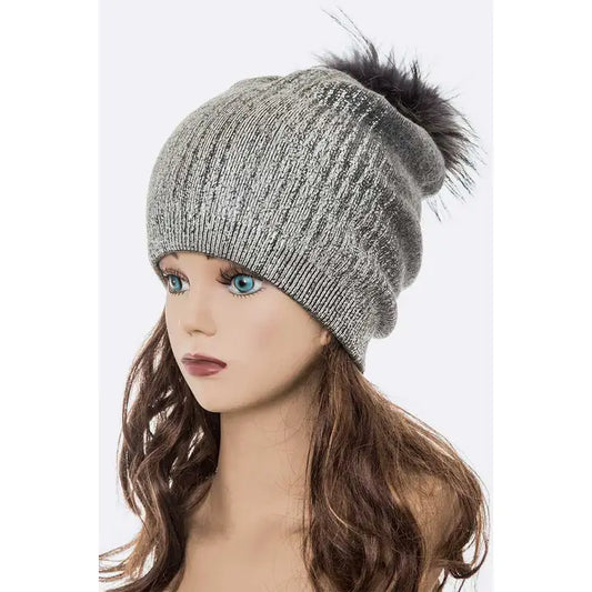 Artini Metallic Cashmere Fur Pom Beanie Hat