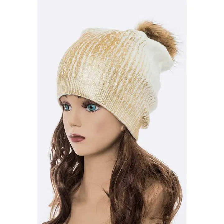 Artini Metallic Cashmere Fur Pom Beanie Hat