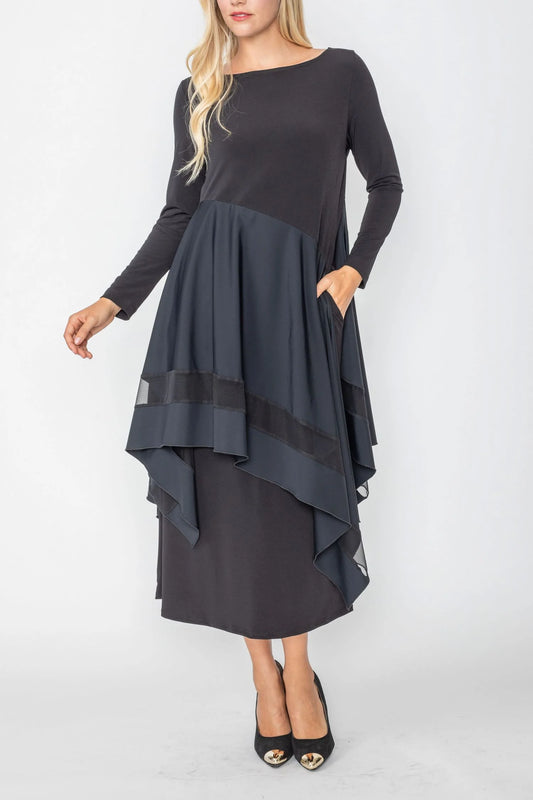 IC Collection Boat Neck Asymmetrical Layer Mix Black Dress
