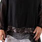 Gigi Moda Black Silk Pina Kaftan 3/4 Elastic Sleeve Wavy Bottom w/ Sequin and Scoop Neck Top O/S