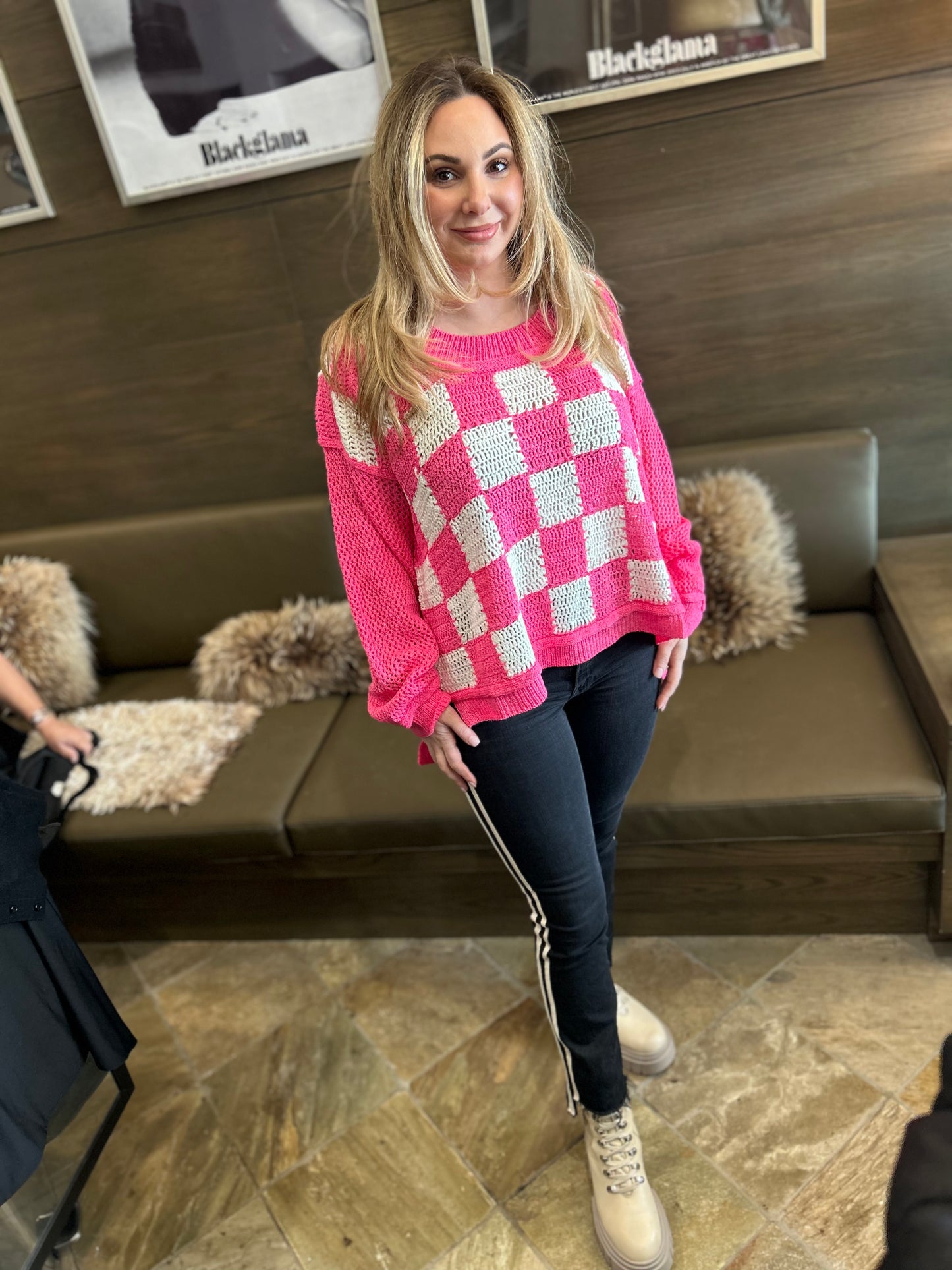 POL Pink and White Pullover Sweater