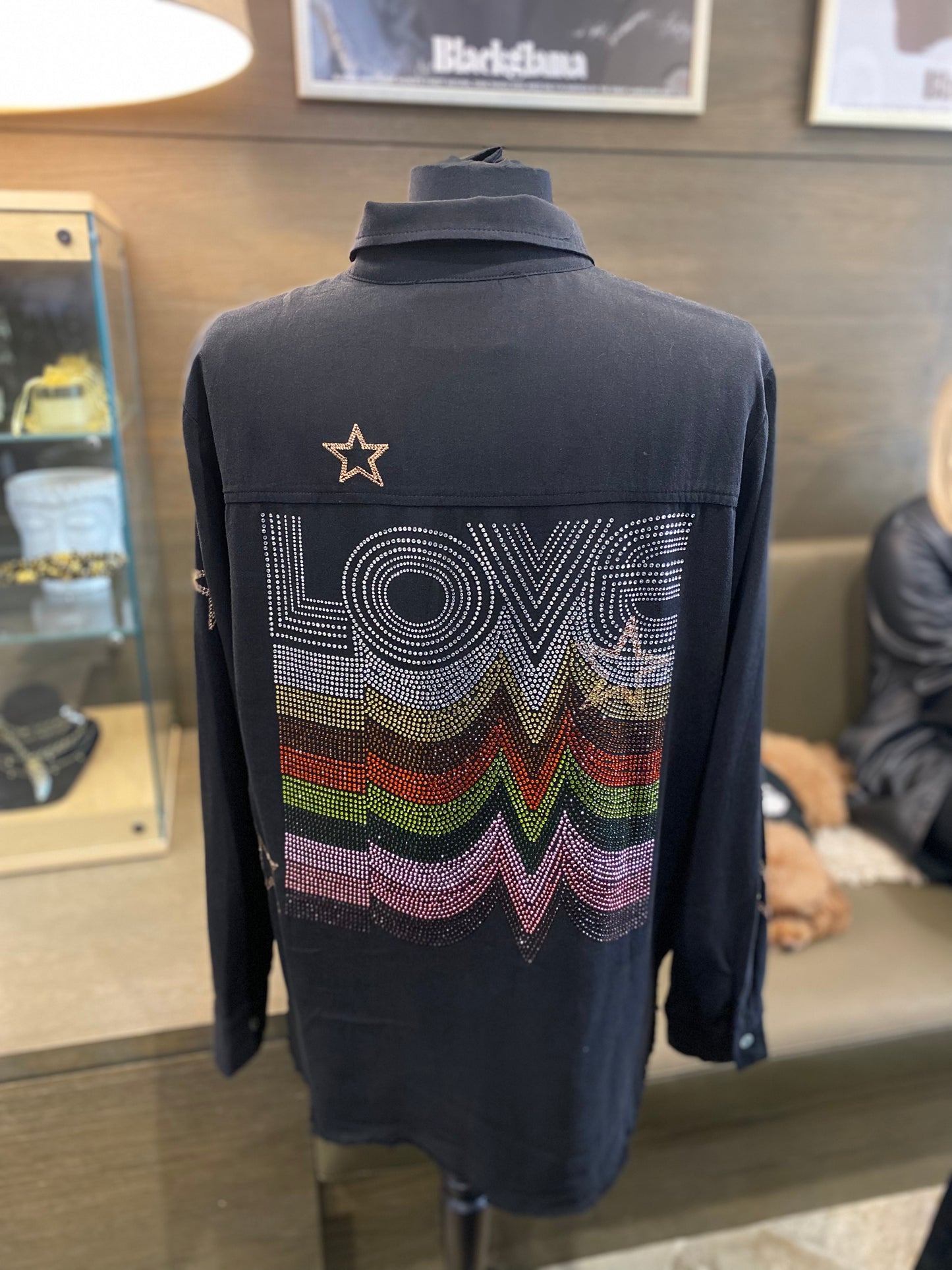 Moving Forward Love Repeating, Peace, Hamsa, Lightening Bolt Tiger  Embroidered Star Black Top Button Down Shirt