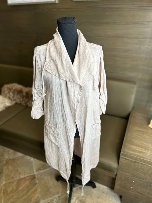 Gigi Moda Shawl Style Linen Long Jacket w/ Front Pockets and Corded Collar One Size Fits Most