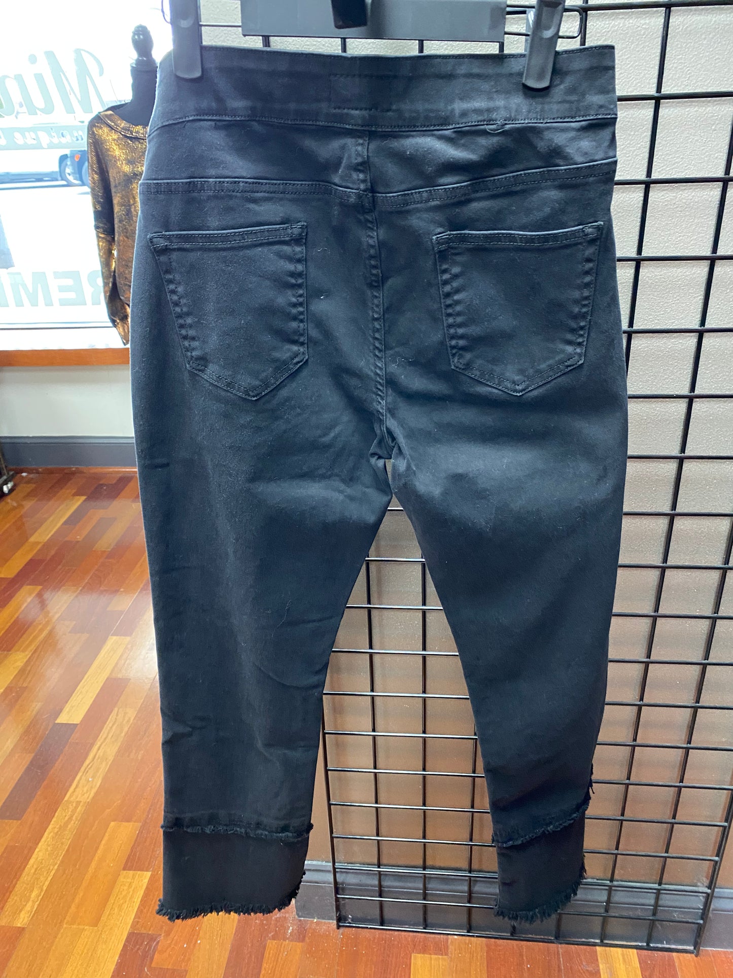 AZI Frayed Bottom Black Denim Jeans Pull On Pants